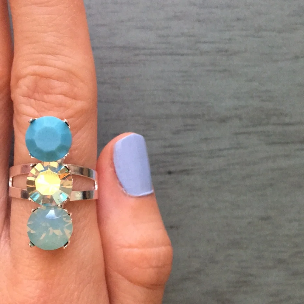 Turquoise, Green Opal +Peridot AB Silver Crystal Statement Ring